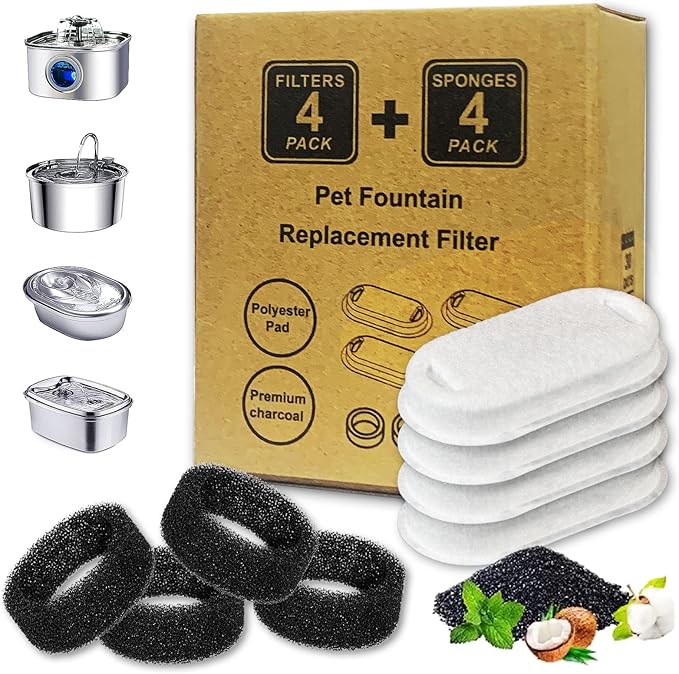 Cat Water Fountain Filters, 4 Filters+4 Sponge Replacement Filters for 108/3.2L and 67oz/2LStainless Steel Pet Water Dispenser for Dog (4 Sets)