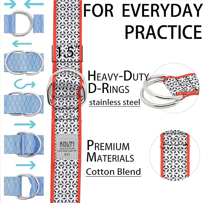Yoga Exercise Adjustable Straps 8FT with Durable D-Ring for Pilates & Gym Workouts | Hold Poses, Stretch, Improve Flexibility & Maintain Balance-FlexoryFit
