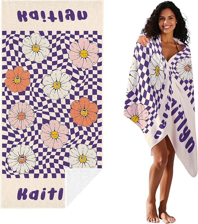 JML Personalized Beach Towel with Name, Custom Flower Beach Towel, Customized Microfiber Pool Towel, Quick Dry & Absorbent Swim Towel for Adult,Anniversary, Birthday, Summer Holiday,Vacation-FlexoryFit