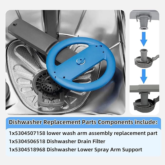 5304507158 Dishwashers Spray Arm Assembly for Frigidaire Dishwashers Lower Wash Arm Assembly with 5304518968 Dishwasher Lower Spray Arm Support and 5304506518 Dishwasher Trap Drain Filter