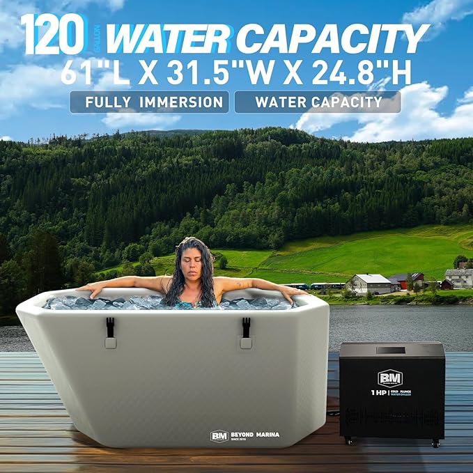 Slanted-Edge Cold Plunge Tub with 1 HP Chiller, Inflatable Ice Bath Tub with Hot & Cold Modes, Ozone, Smart WiFi, Dual Filters, Fast Cooling, 120 Gal, 61" L x 31.5" W x 24.8" H