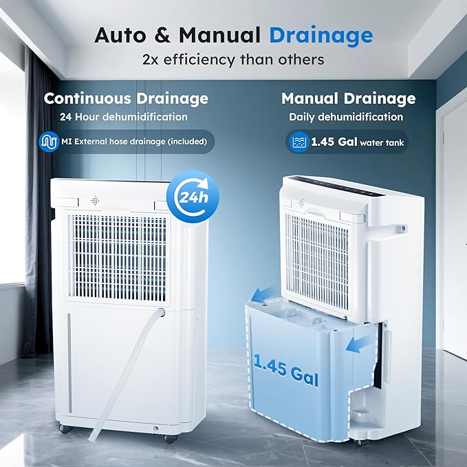 6,500 Sq. Ft Dehumidifier for Basement With Reusable Air Filter 60 Pint - Auto Drain or Manual Drainage, Auto Defrost, Ideal for Home, Bathrooms, Large & Medium Sized Rooms (White)