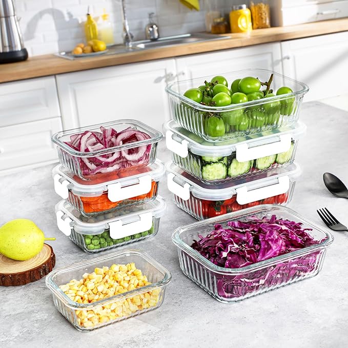 10 Packs Glass Food Storage Containers Set, Glass Meal Prep Containers with Lids, Airtight Lunch Containers, Microwave, Oven, Freezer and Dishwasher Safe, White-FlexoryFit
