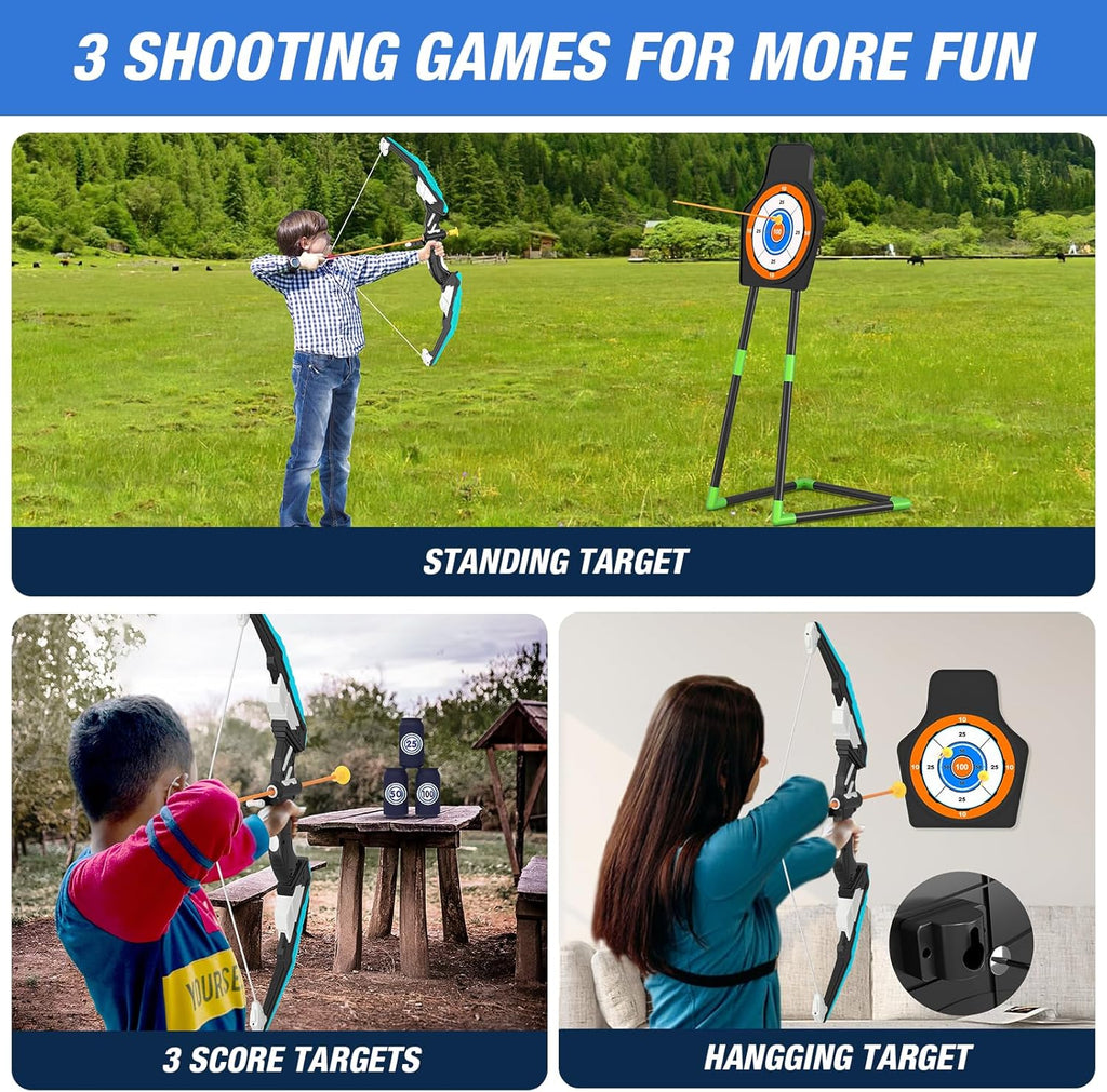 Bow and Arrow for Kids, LED Light Up Archery Set with 12 Suction Cup Arrows, 1 Standing Target, 3 Score Targets & 1 Quiver, Indoor Outdoor Sport Gifts for Boys Girls Ages 4-12, Blue