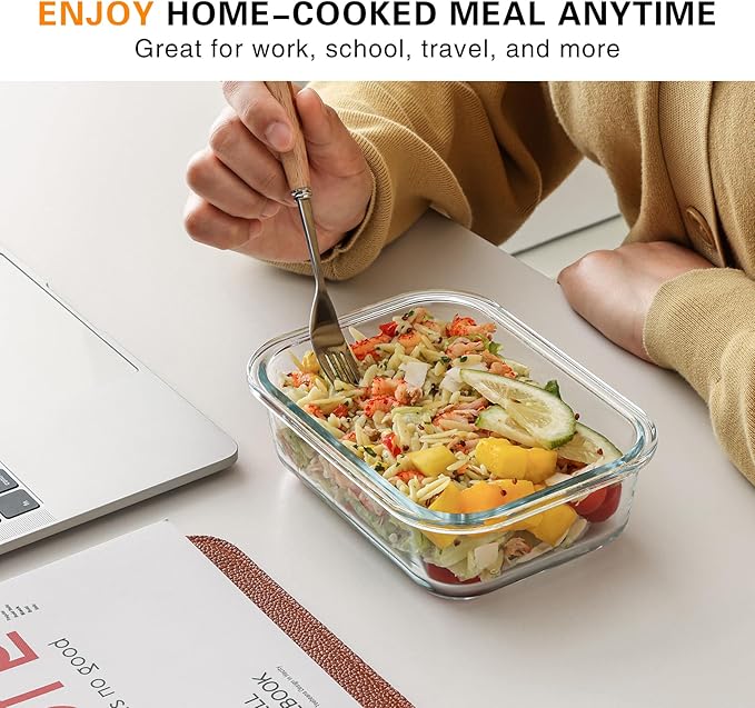 10 Pack 22 Oz Glass Meal Prep Containers with Lids, Reusable Glass Food Storage Containers with Lids, Leak Proof, Microwave, Oven, Freezer and Dishwasher Safe (White)-FlexoryFit