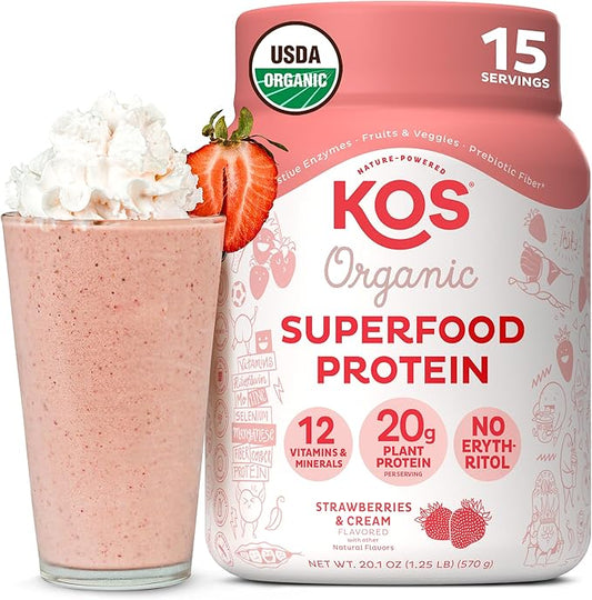 KOS Vegan Protein Powder, Strawberry and Cream Organic Pea Protein Blend, Plant Based Superfood with 12 Vitamins and Minerals, Made Without Dairy - Meal Replacement for Women & Men, 15 Servings-FlexoryFit