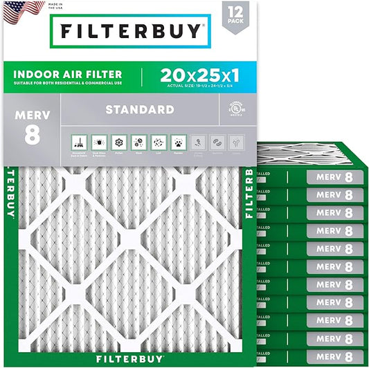 Filterbuy 20x25x1 Air Filter MERV 8 (MPR 700) Dust Defense Replacement (12-Pack), Electrostatic Pleated HVAC AC Furnace Filters, Made in USA (Actual Size: 19.50 x 24.50 x 0.75)