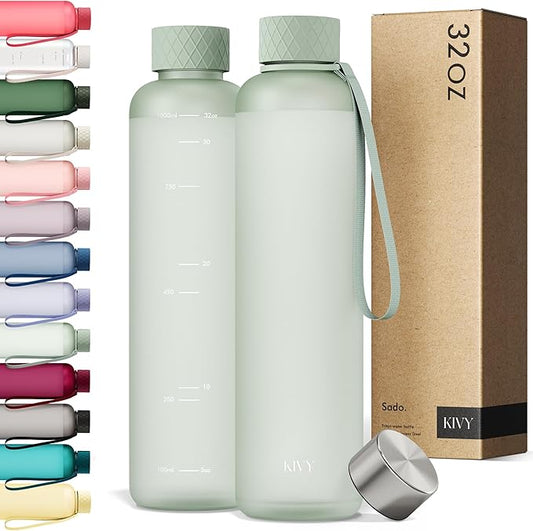 KIVY Slim Water Bottle 32oz [Lightweight & Shatterproof] Fits Backpack & Cupholder for Travel, Sports, School, Gym - Sage green water bottle no straw - Gym water bottle screw top - Dishwasher Safe-FlexoryFit