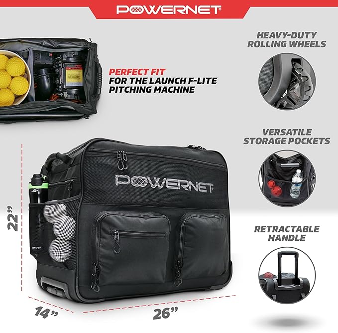 PowerNet Rolling Bucket Bag, Holds 2 6-Gallon Bucket of Baseballs & Softballs, Storage Pockets for Baseball Bat, Gloves & Scoreboards, Fits Launch F-lite Pitching Machine & Balls-FlexoryFit
