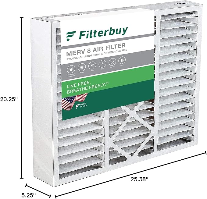 Filterbuy 20x25x5 Air Filter MERV 8 (MPR 700) Dust Defense (1-Pack), Pleated HVAC AC Furnace Filters for Amana, Coleman, Goodman, Maytag, York, and More (Actual Size: 20.19 x 25.31 x 5.25)