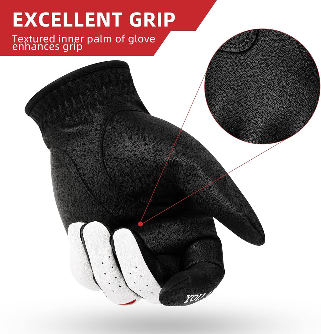 Golf Glove Men Left Hand Premium Leather Grip Soft Breathable Durable Fit All Weather with Golf Tee and Divot Repair Tool