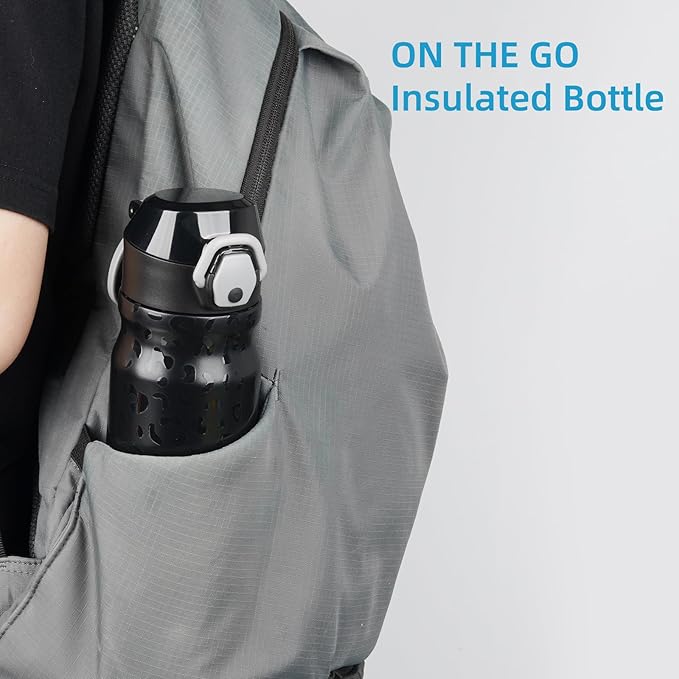 Insulated Water Bottle with Straw and Carry Loop,18 oz Stainless Steel Double Wall Vaccum Metal Water Flask with Leak-proof Lid,Black Leopard-FlexoryFit