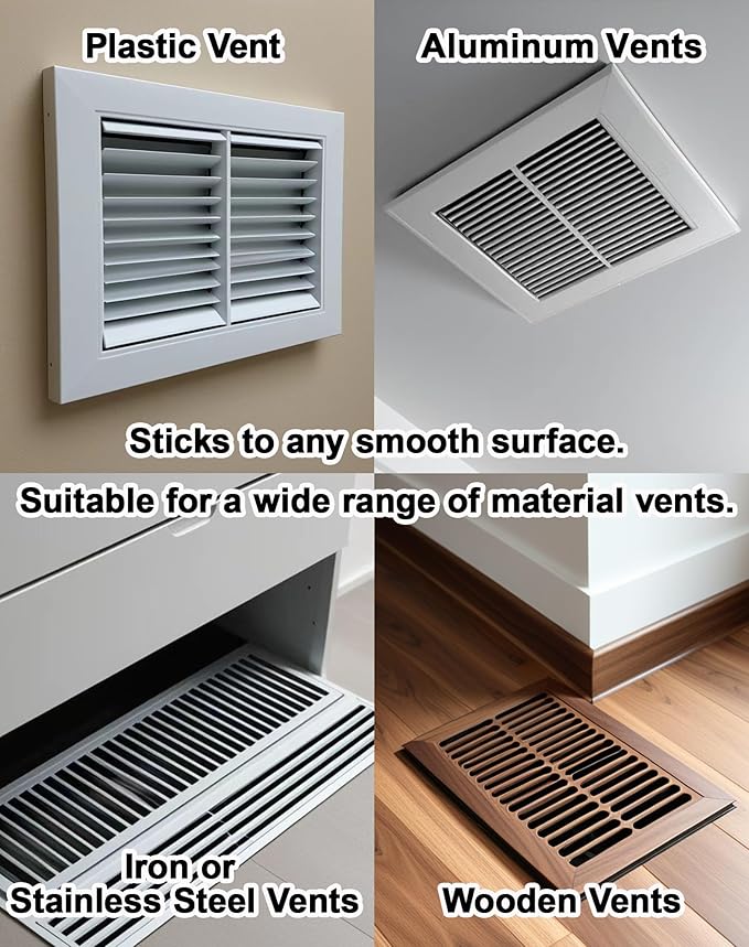4 Pack PET Vent Covers with Nano Adhesive, 12" X 12" for Floor, Wall, Ceiling Vents and Air Registers, for RV, Home, Office AC Vents, Non-Magnetic, Fits on Plastic, Wood, Iron, Aluminum Vent Covers