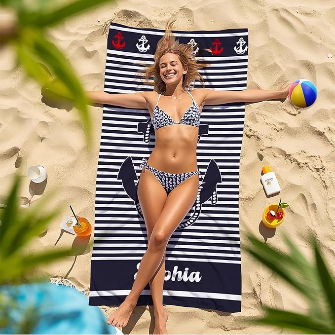 JML Personalized Beach Towel with Name, Custom Anchor Beach Towel, Customized Microfiber Pool Towel, Quick Dry & Absorbent Swim Towel for Adult,Anniversary, Birthday, Summer Holiday,Vacation-FlexoryFit
