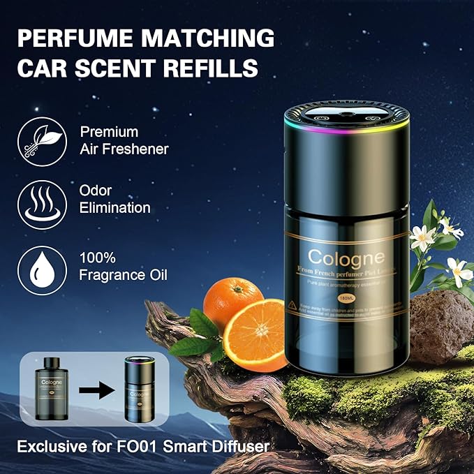 Smart Car Air Freshener, CarDiffuser with 6.09 Fl Oz /180ml Capacity Essential Oil Last 9 Months Fragrance, 5s Full-Car Fragrance, Adjustable Intensity, Auto On/Off, Women & Men for Cologne Scent ﻿