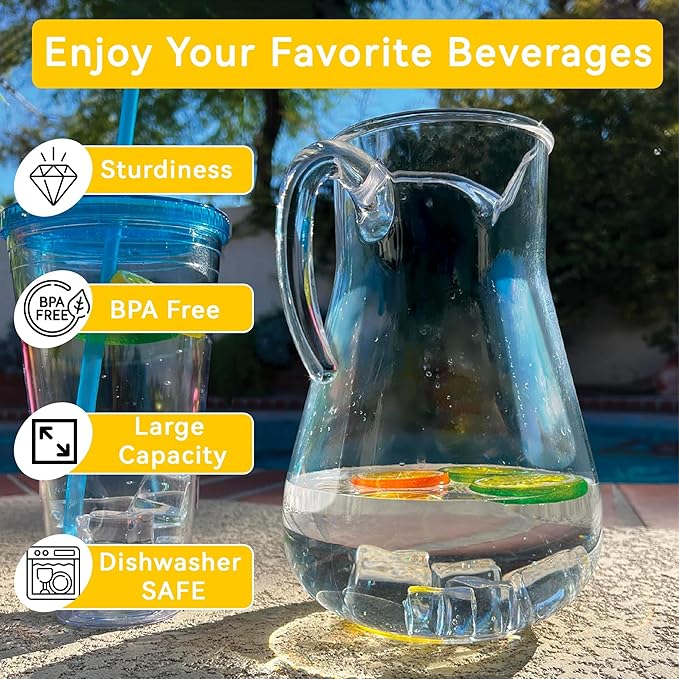 Lily's Home Set of 2 Break Resistant Plastic Pitcher, the Large Capacity Makes it Excellent for Parties, Both Indoor and Outdoor, Made in Taiwan (98 Ounces)