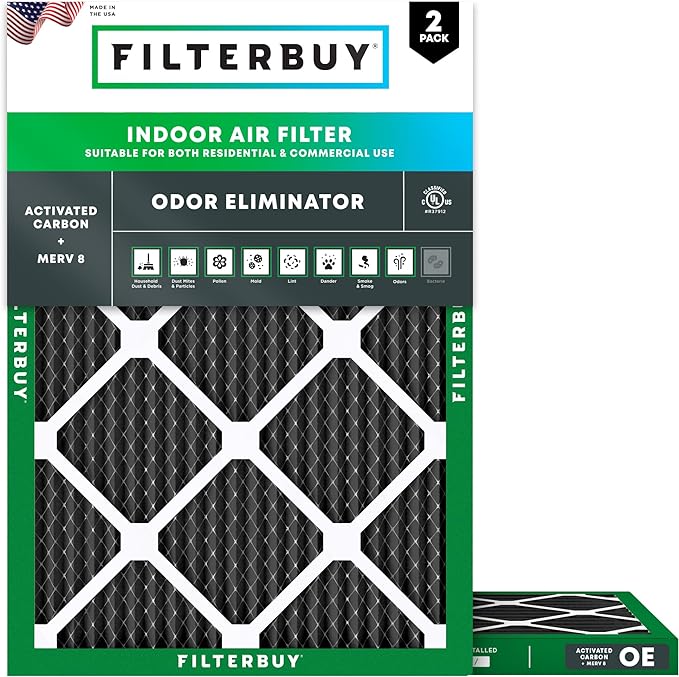 Filterbuy 14x18x1 Air Filter MERV 8 (MPR 700) Odor Eliminator Replacement (2-Pack), Electrostatic Pleated HVAC AC Furnace Filters w/Activated Carbon, Made in USA (Actual Size: 13.50 x 17.50 x 0.75)
