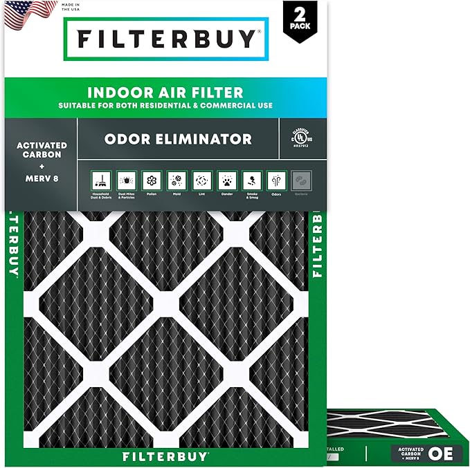 Filterbuy 16x18x1 Air Filter MERV 8 (MPR 700) Odor Eliminator Replacement (2-Pack), Electrostatic Pleated HVAC AC Furnace Filters w/Activated Carbon, Made in USA (Actual Size: 15.50 x 17.50 x 0.75)