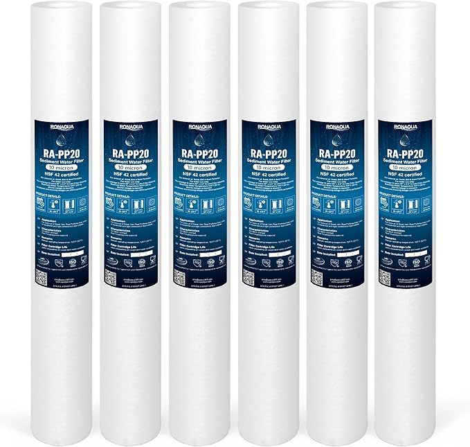 Ronaqua 10 Micron Standard 20" x 2.5" Sediment Water Filter Cartridge, NSF Certified, 4-Layer Filtration for 20” x 2.5” Whole House Systems, Compatible with FPMB5-20, SDC-25-2005/4, VX05-20, 6 Pack