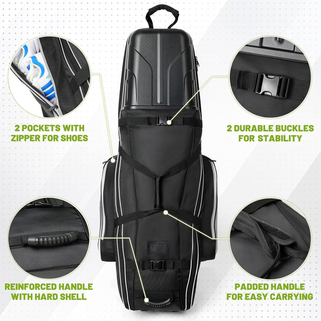 Hard Case Golf Travel Bags for Airlines with Oversize Tank Wheels, 2100D Oxford Fabric Soft Golf Club Carry Bags, Hard Cse Top Protect Club Travel Cover, Foldable for Easy to Maneuver
