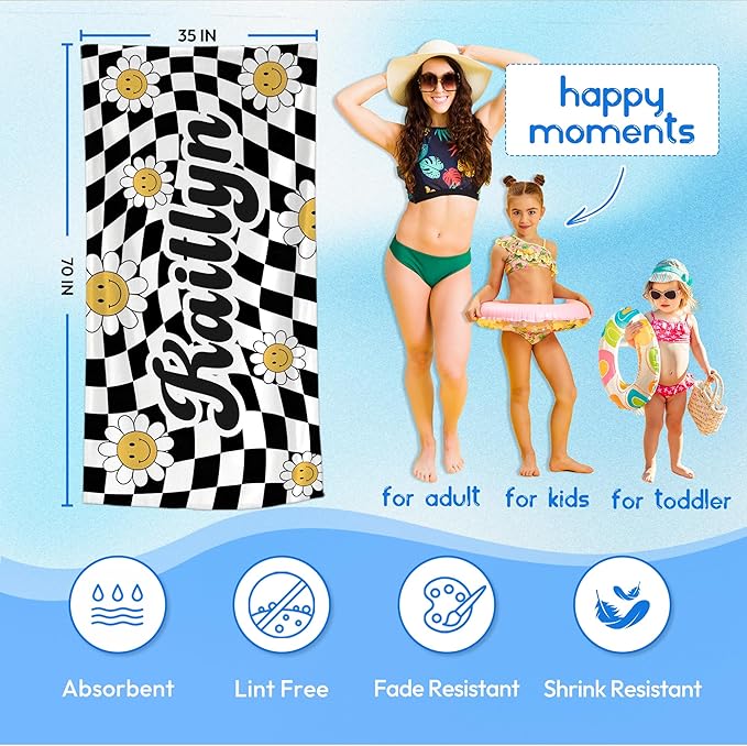 JML Personalized Beach Towel with Name, Custom Flower Beach Towel, Customized Microfiber Pool Towel, Quick Dry & Absorbent Swim Towel for Adult,Mother's Day, Birthday, Summer Holiday,Vacation-FlexoryFit