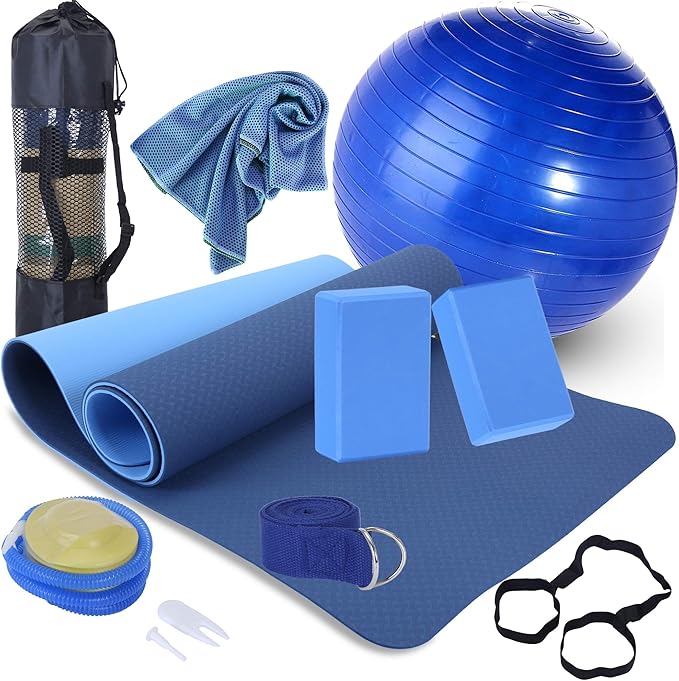 Yoga Starter Kit - 11-Piece Set with Yoga Blocks, Strap, Ball, Mat, Carrying Strap, Net Bag, Cooling Towel-FlexoryFit