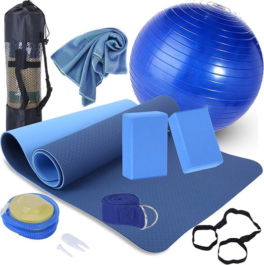 Yoga Starter Kit - 11-Piece Set with Yoga Blocks, Strap, Ball, Mat, Carrying Strap, Net Bag, Cooling Towel-FlexoryFit