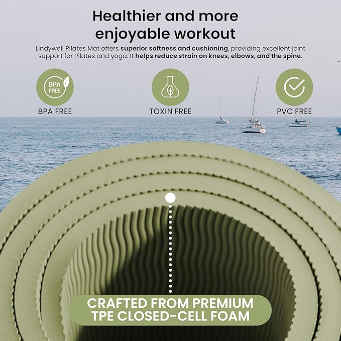 Lindywell Pilates Yoga Workout Mat Non Slip 6mm, 8mm, 10mm Thick - 6ft x 26in-FlexoryFit