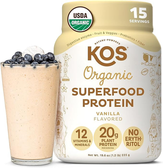 KOS Vegan Protein Powder Erythritol Free, Vanilla - USDA Organic Pea Protein Blend, Plant Based Superfood Rich in Vitamins & Minerals - Keto, Dairy Free - Meal Replacement for Women & Men, 15 Servings-FlexoryFit