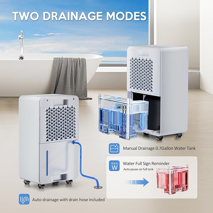 2500 Sq.Ft Dehumidifiers with Drain Hose, Max 34 Pints, Intelligent Humidity Control, 24H Timer, 3 Modes, Child Lock, Auto Defrost, Ideal for RV, Bathroom, Bedroom
