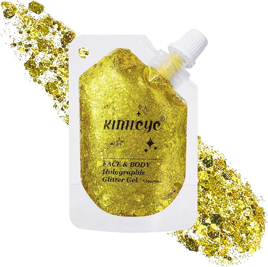 Holographic Face Glitter Gel Body Shimmer Makeup for for Hair, Face, Clavicle, Arm, Nail, Eyeshadow, Long Lasting Waterproof Mermaid Sequins Party Glitter for Rave Festival, 1.35oz (Pure Gold #11)-FlexoryFit