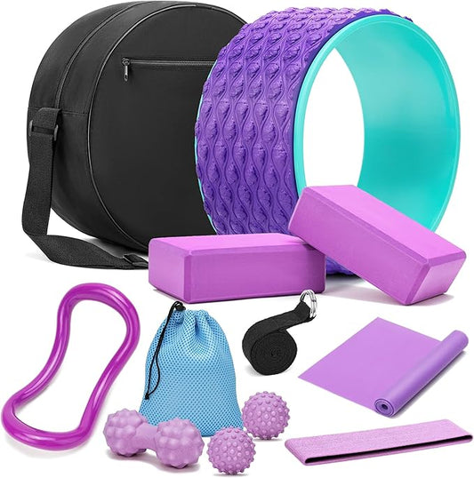 Yoga Wheel Set, Wheel Foam Roller with Back Cracker Roller for Pain Relief & Deep Tissue Massage and Stretching 500lbs Capacity, Trigger Point Therapy Massage Ball, Yoga Blocks 2 Pack with Strap-FlexoryFit