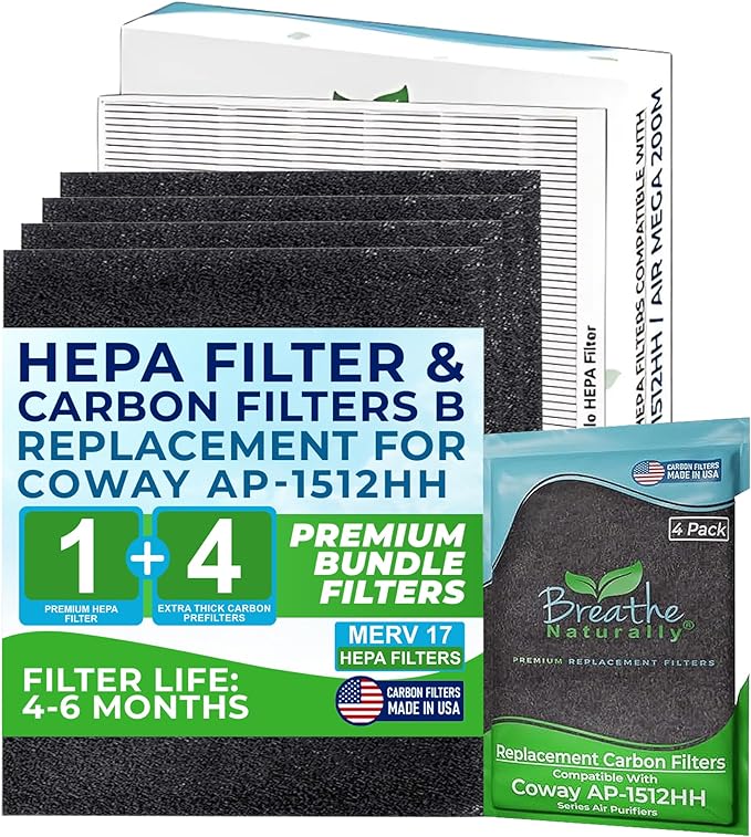 Breathe Naturally Replacement Filter Compatible with Coway AP-1512HH Series Air Purifiers - HEPA Filters - Carbon Activated Filter - Air Filtration for Home (1 HEPA Filter + 4 Carbon Prefilters)