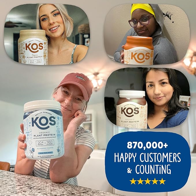 KOS Plant Based Protein Powder, Blueberry Muffin - Organic Pea Protein Superfood with Spirulina and Immune Support Blend. Soy, Gluten, Dairy Free - Vegan Meal Replacement for Women & Men - 15 Servings-FlexoryFit