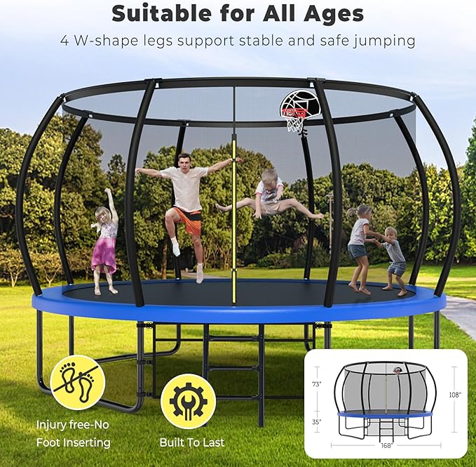 10 12 14 15 16FT Outdoor Trampolines for Kids and Adults, Pumpkin Trampoline with Curved Poles, Recreational Trampoline with Basketball Hoop and Safety Enclosure Net for Kids and Adults-FlexoryFit