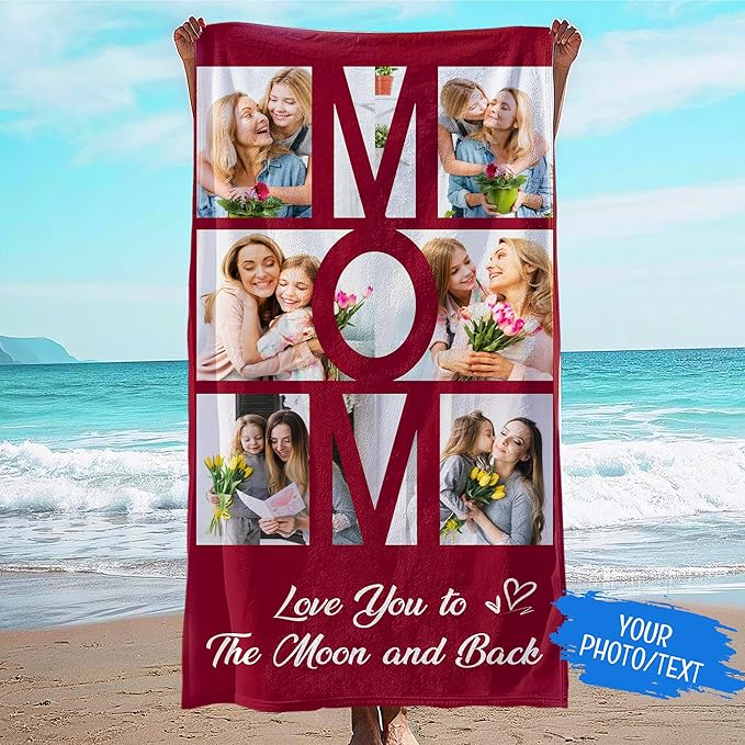 JML Mothers Day Birthday Gifts for Mom from Daughter Son, Personalized Beach Towel with Photo, Custom Beach Towel Gift for Mommy, Grandma, Women, Wife Anniversary Family Day, Summer, Holiday-FlexoryFit