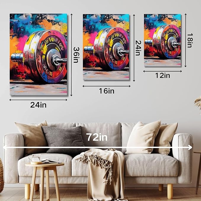 sawjug Gym Barbell Wall Decor, Colorful Graffiti Canvas Wall Art, Gym Motivational Wall Art, Colorful Pictures Wall Decor, Wall Painting for Living Room, Bedroom (12" x 18" x 3 pcs)