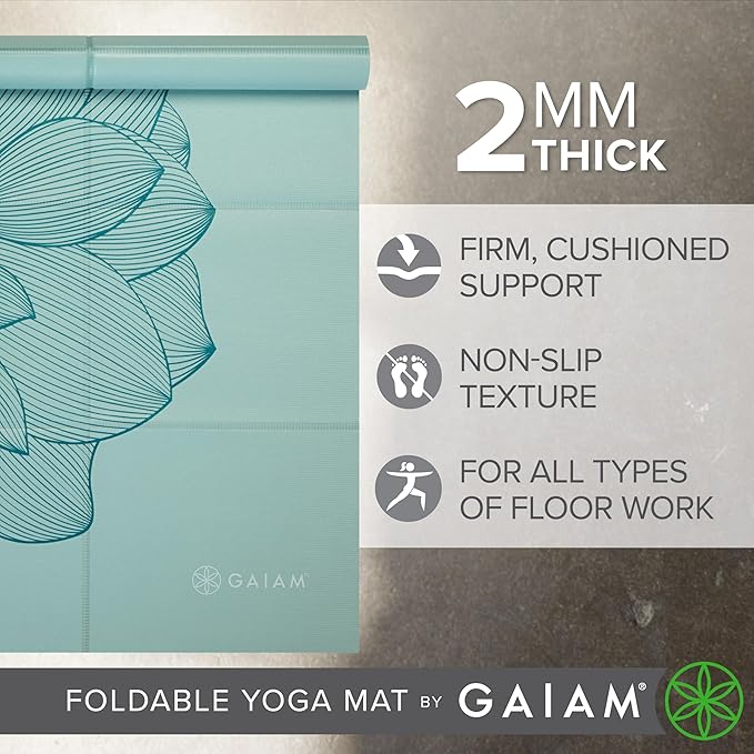 Gaiam Yoga Mat - Folding Travel Fitness & Exercise Mat - Foldable Yoga Mat for All Types of Yoga, Pilates & Floor Workouts (68"L x 24"W x 2mm Thick)-FlexoryFit