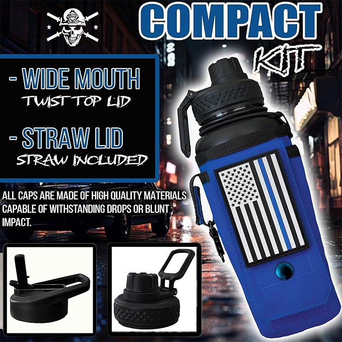 Iron Infidel Battle Bottle - 32 Oz Insulated Water Bottle with Straw Lid & Chug Cap, Stainless Steel Metal Flask Includes Rugged, Removable Sleeve for Keys, Wallet, & Phone (Thin Blue Line 1 Liter)-FlexoryFit