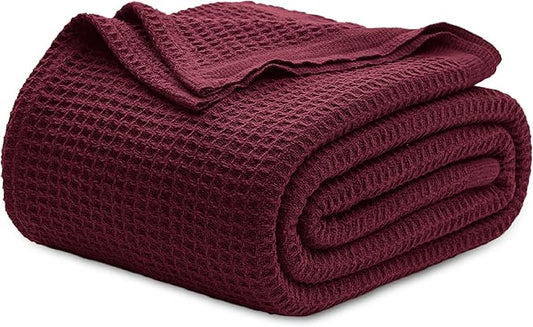Bedsure 100% Cotton Blanket Queen Size for Bed - Breathable and Soft, Waffle Weave Blanket for Summer, Thick Cozy Fall Blankets for Women Gift, Red, 90x90 Inches