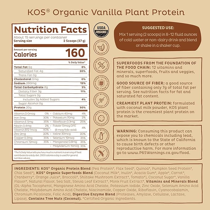 KOS Vegan Protein Powder Erythritol Free, Vanilla - USDA Organic Pea Protein Blend, Plant Based Superfood Rich in Vitamins & Minerals - Keto, Dairy Free - Meal Replacement for Women & Men, 15 Servings-FlexoryFit