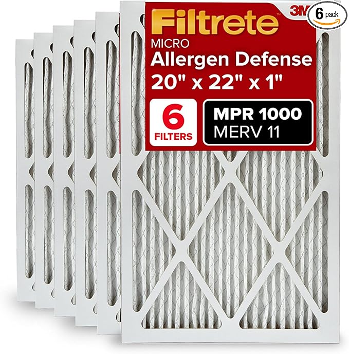 Filtrete 20x22x1 AC Furnace Air Filter, MERV 11, MPR 1000, Micro Allergen Defense, 3-Month Pleated 1-Inch Electrostatic Air Cleaning Filter, 6 Pack (Actual Size 19.81 x 21.81 x 0.81 in)