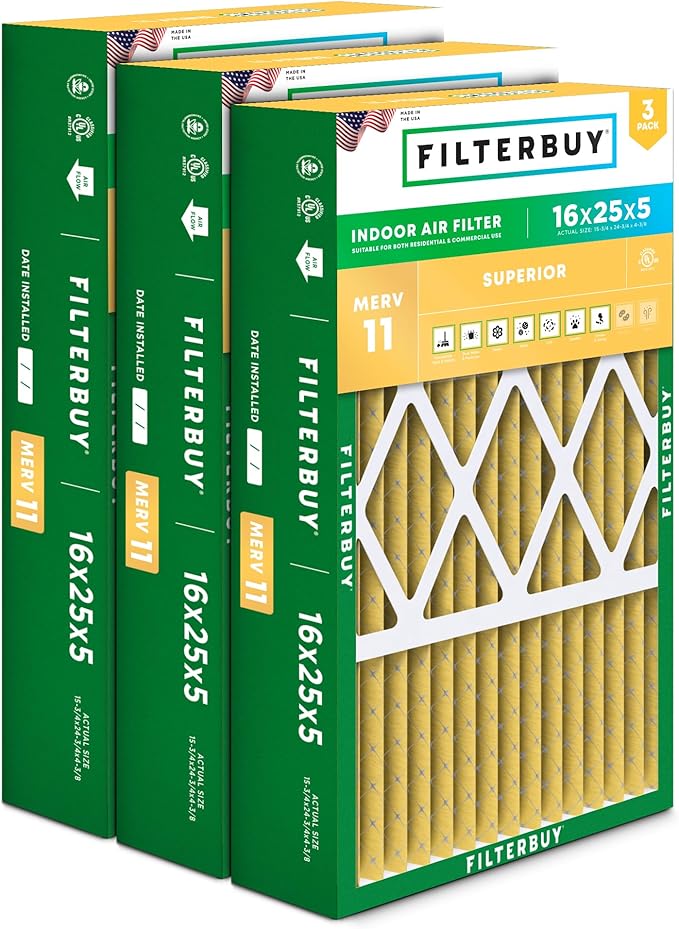 Filterbuy 16x25x5 Air Filter MERV 11 (MPR 1200) Allergen Defense (3-Pack), Pleated HVAC AC Furnace Filters for Honeywell FC100A1029, Lennox X6670, Carrier, & More (Actual Size: 15.75 x 24.75 x 4.38)