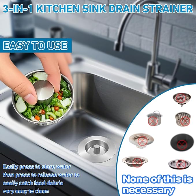 3-in-1 Kitchen Sink Drain Strainer & Stopper, Stainless Steel Food Catcher Plug with Filter Basket, Fits 3-1/2 Inch Drain Hole, Universal Sink Protector Cover, Anti-Clogging, Silver (1, Sus304)