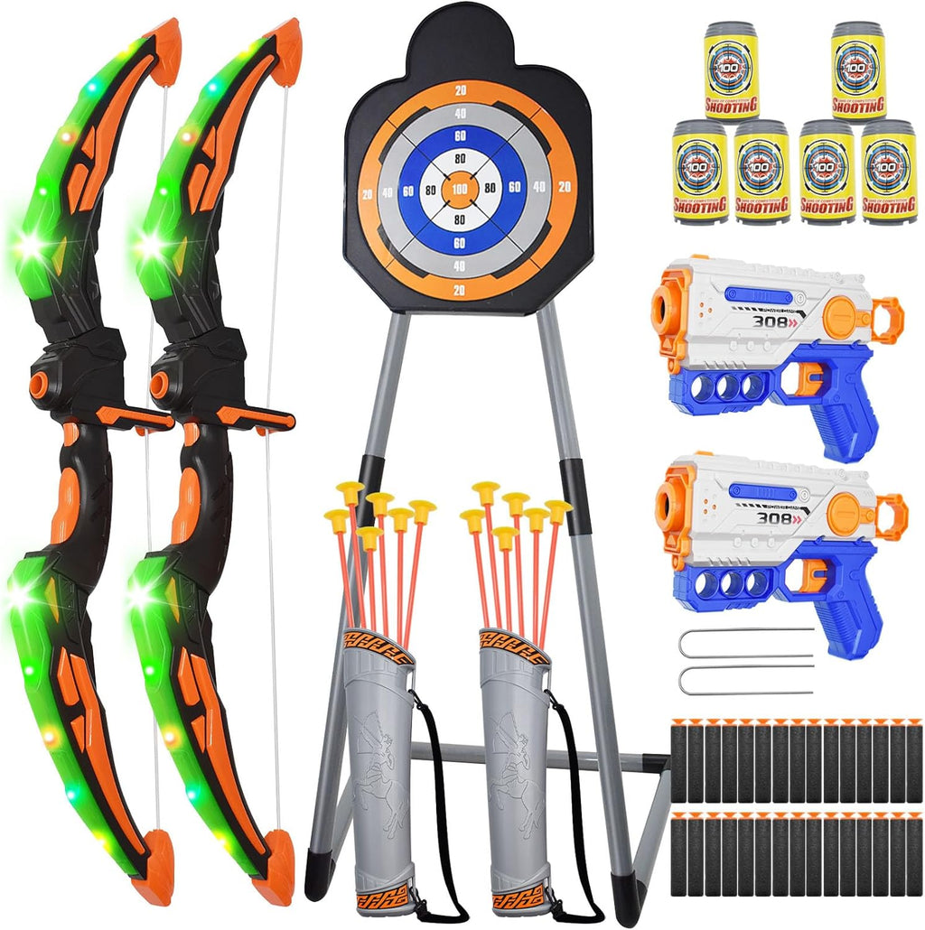 2 Pack Bow and Arrow Toy for Kids 3-8-12, LED Light Up Archery Set with Shooting Game Toy & Standing Target for Boys and Girls Age 5 6 7 8 9 10 11+, Indoor Outdoor Activity Toys for Birthday