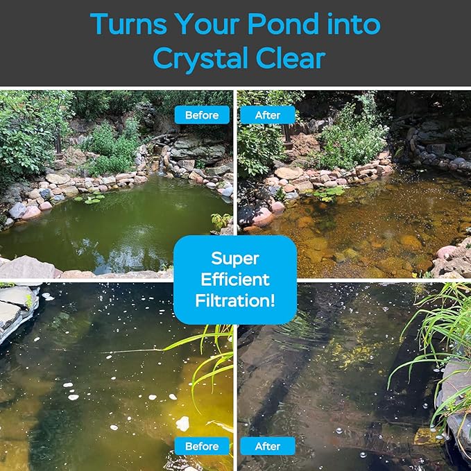 AquaMiracle All-in-One Pond Fountain Kit with Automatic Colorful LED for Outdoor Ponds 200-500 Gal, 550GPH Koi Pond Filter Pump with U - V Light to Tackle Green Water Al-gae, with 3 Spray Patterns