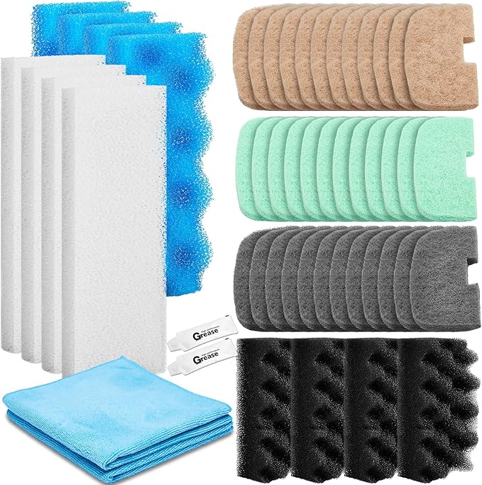 52 Pcs Replacement Filter Media Kit Compatible with Fluval 206/207 Aquarium Filters Include Biological Foams Ammonia Remover Phosphate Pads Nitrite Remover, Towel and Grease