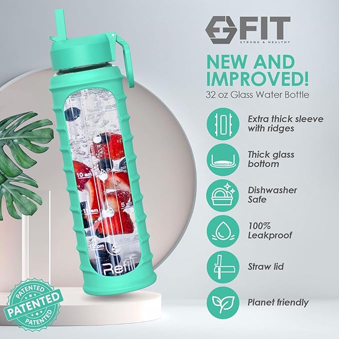 FIT Strong & Healthy 32 oz Glass Water Bottle with Straw Lid, Time Marker, Sleeve & Extra Lid - Motivational, Wide Mouth 1 Liter Glass Drinking Bottle
