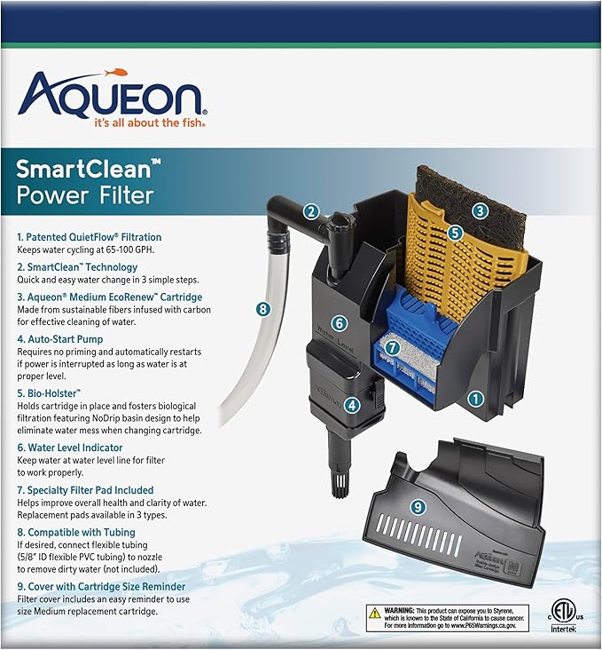 Aqueon SmartClean Power Filter with EcoRenew Filter Cartridge, Quick and Easy Water Changes, Quiet Operation, Adjustable Flow, for 10-20 Gallon Freshwater and Saltwater Aquariums, Medium
