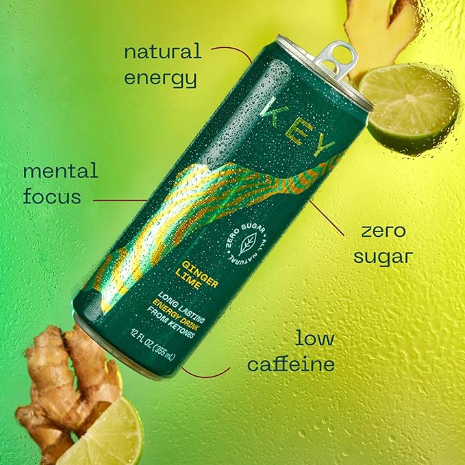 KEY Ketone Energy Drink : Sugar Free, 80mg Low Caffeine, All Natural, 11.5g Ketones, Long Lasting Energy, Green Tea & L-Theanine for Mental Focus, Ginger Lime (Pack of 12)-FlexoryFit